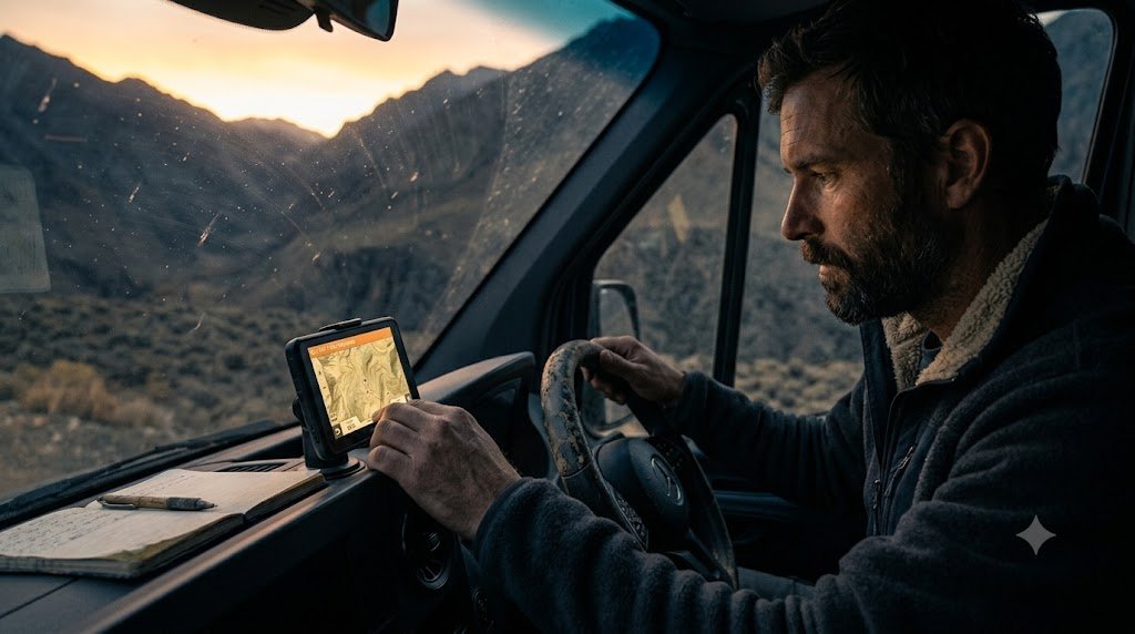 A guy driving a black camper van with the view of a phone screen in his hand