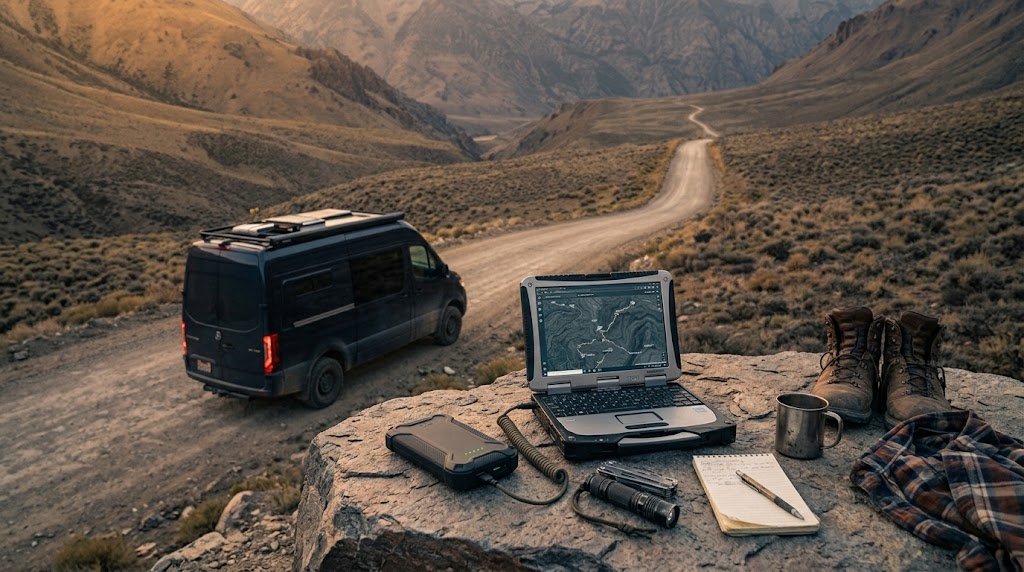 Rugged camper van on a winding mountain road with a laptop, GPS device, boots, mug, flashlight, and notebook on a rocky overlook.