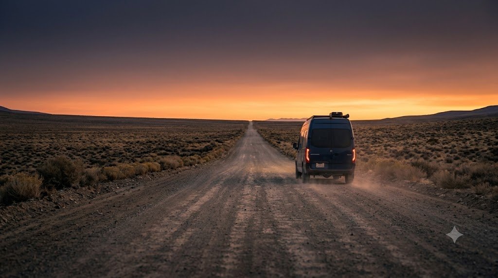 Camper van driving down a dusty desert road beneath a glowing orange sunset.
