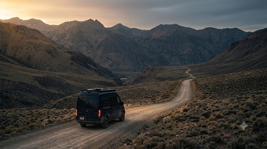 Black camper van on a dirt road