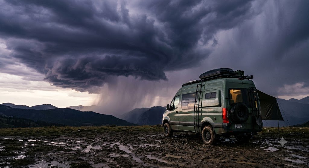 Green camper van parked on a muddy mountain overlook beneath dramatic storm clouds and heavy rain.